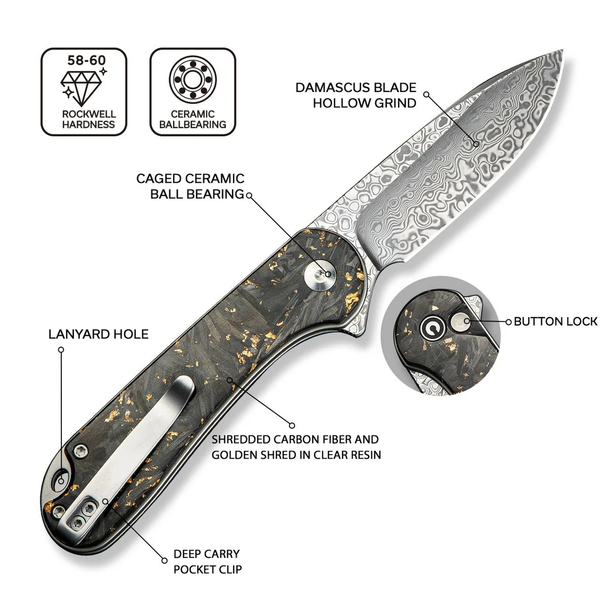 CIVIVI Button Lock Elementum 2 Damascus Golden