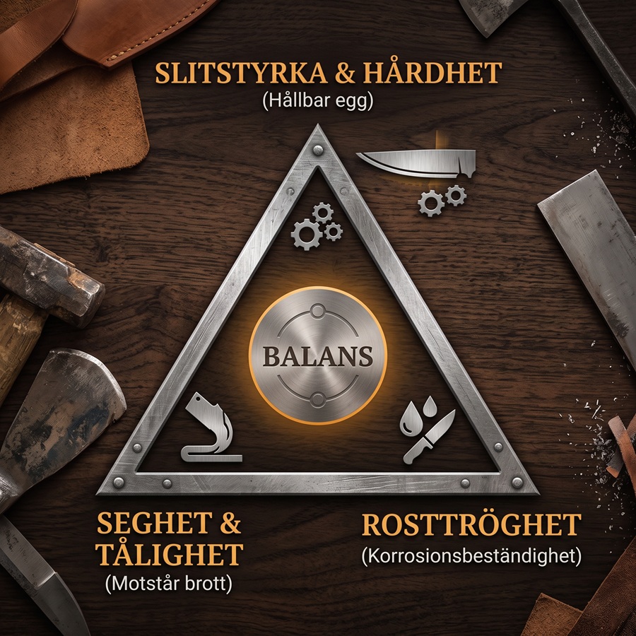 Diagram över knivstålets tre egenskaper: Slitstyrka, Seghet och Rosttröghet
